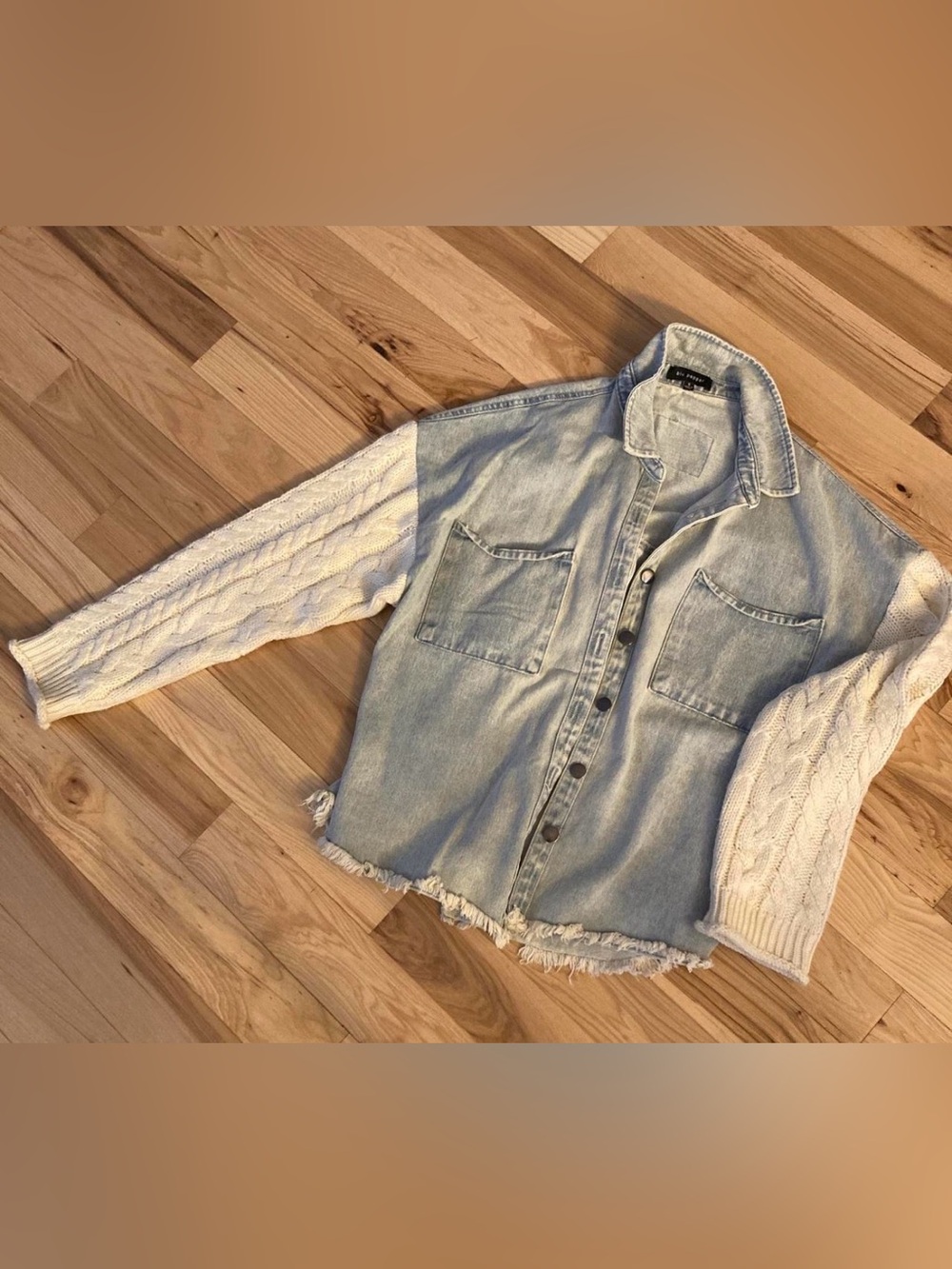 Blu Pepper Denim Shacket with Cream Cable-Knit Sleeves size small